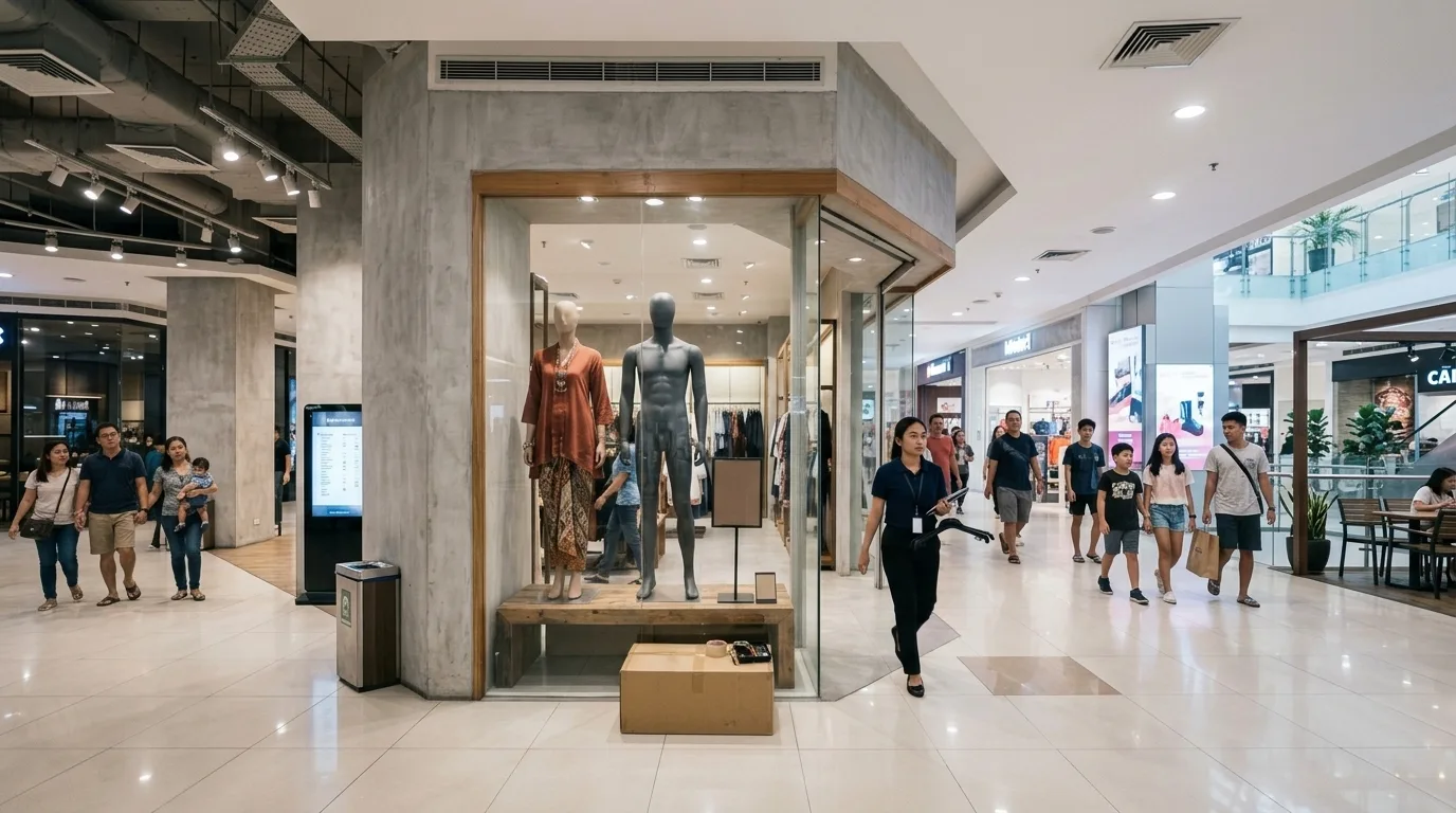 A staff member walking past a clothing window display in a busy mall