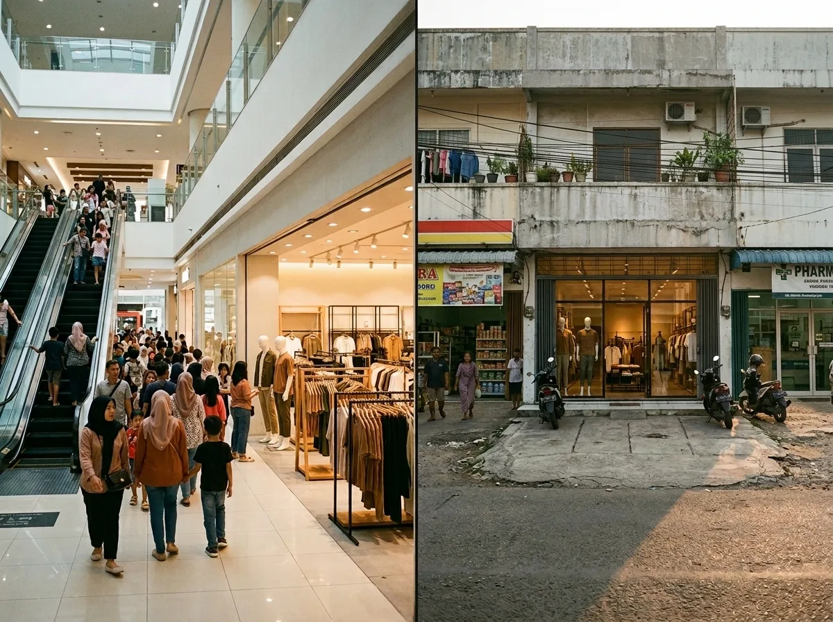 Split screen: a crowded mall store next to the escalator, and a quiet street-side store of the same brand