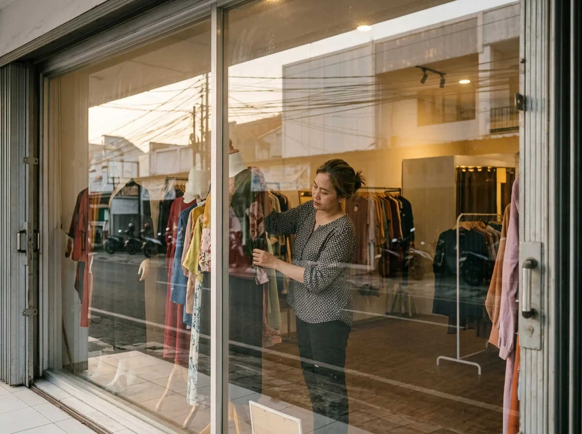 A store manager arranging clothes on a mannequin in the window of a street-side store