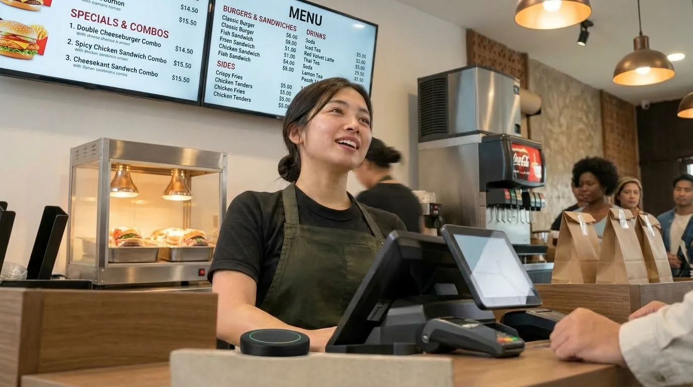 A cashier at a quick-service restaurant counter serving a customer, with a small microphone on the counter and a queue behind