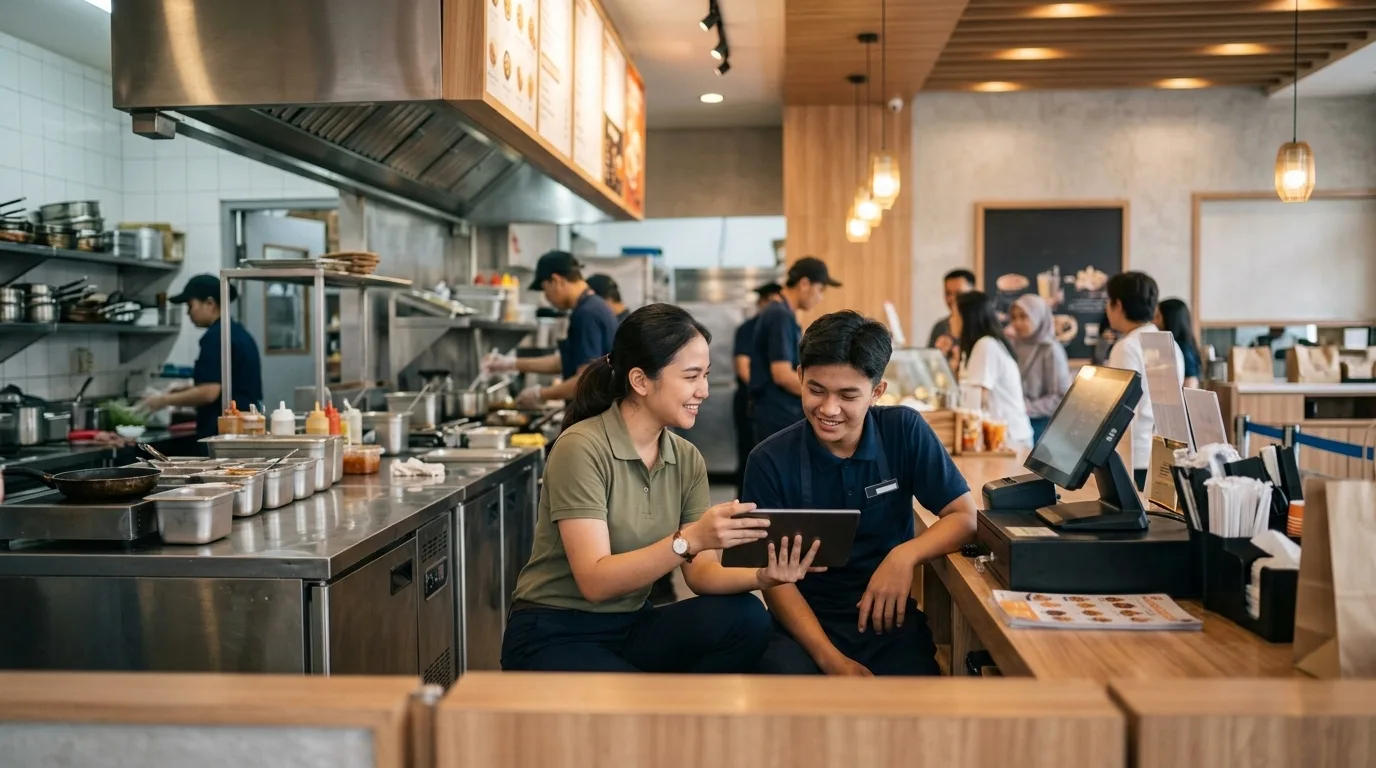 A supervisor showing a tablet to a smiling crew member at the counter of a busy restaurant